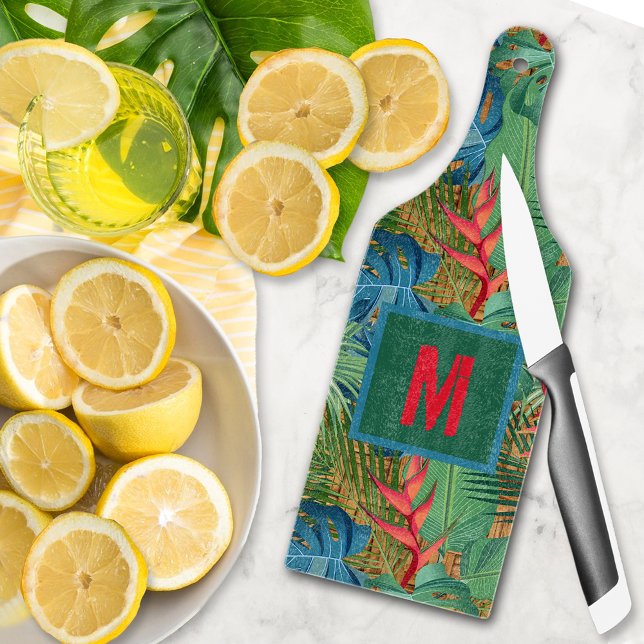Tabla De Cortar Floral tropical exótica monogramada (Monogrammed Exotic Tropical Floral Glass Cutting Board Paddle Style)