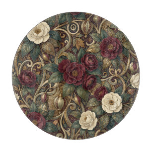Tabla De Cortar Floral y Linterna Dorada Burgundy Ornata Antiguo 