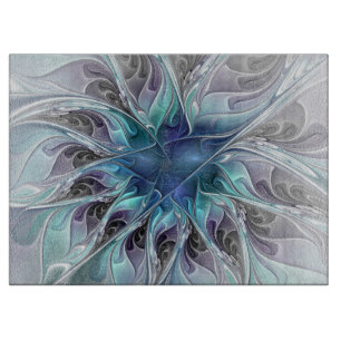 Tabla De Cortar Florecer Abstracto Moderno Floral Fractal Con Azul