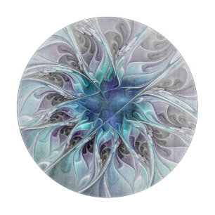 Tabla De Cortar Florecer Abstracto Moderno Floral Fractal Con Azul