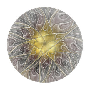 Tabla De Cortar Florecer con flor fractal abstracta moderna dorada
