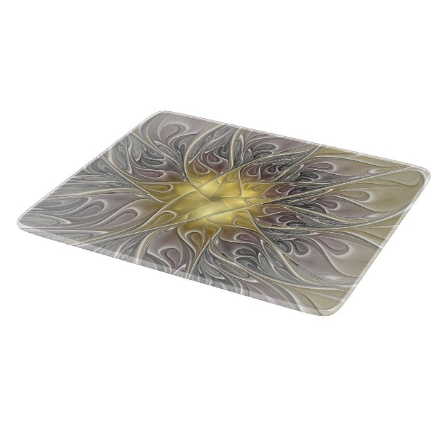 Tabla De Cortar Florecer Con Flor Fractal Moderna De Oro Abstracto (Borde)