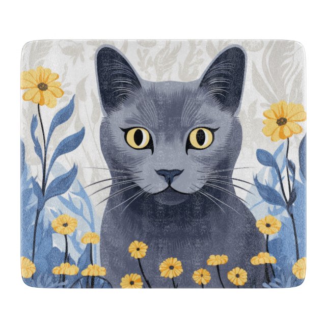 Tabla De Cortar Flores amarillas de gato azul ruso (Anverso)