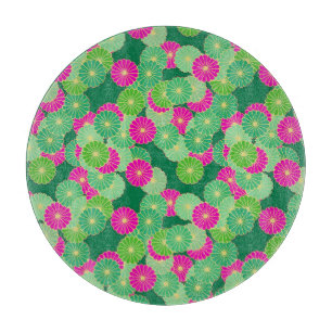 Tabla De Cortar Flores Art Decó en tonos verdes y fucsia