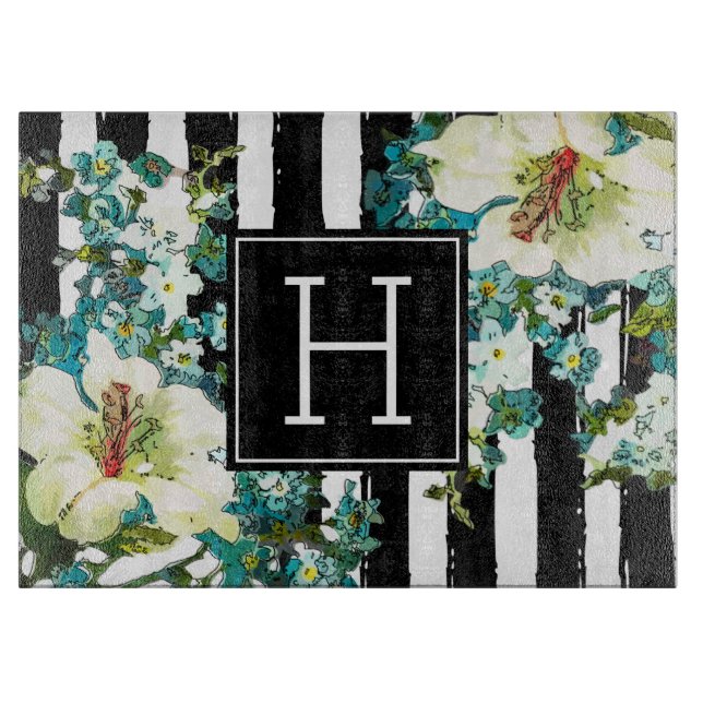 Tabla De Cortar Flores azules y blancas elegantes con monograma (Anverso)
