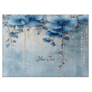 Tabla de cortar flores azules y perlas