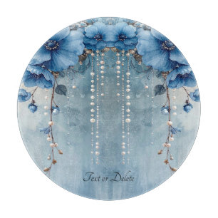 Tabla de cortar flores azules y perlas