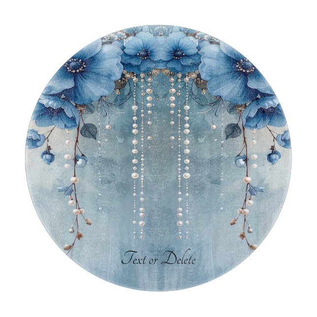 Tabla de cortar flores azules y perlas (Anverso)