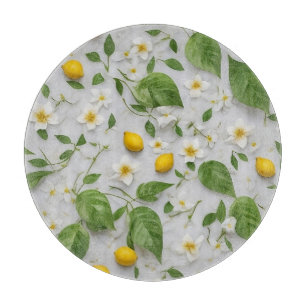Tabla De Cortar Flores Blancas Limones Hojas Verdes Patrón sobre B
