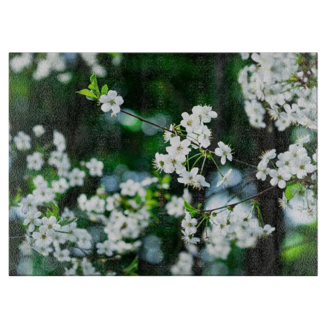 Tabla De Cortar Flores de cerezo blancas hojas verdes (Anverso)