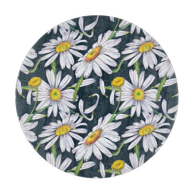 Tabla De Cortar Flores De Chamomile: Acuarela Azul Oscuro. (Anverso)