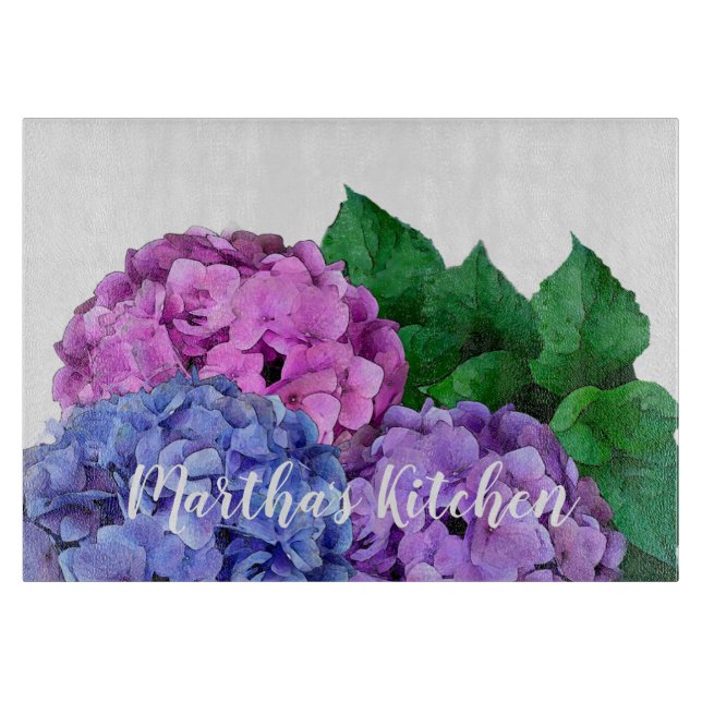 Tabla De Cortar Flores de hidrangea azules y rosas personalizadas (Anverso)