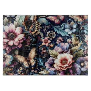Tabla De Cortar Flores de primavera antigua y vidrio de mariposas