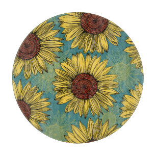 Tabla De Cortar Flores de sol de mano azul
