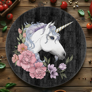 Tabla De Cortar Flores de Unicornio Blanco Encantado Rosa Negro