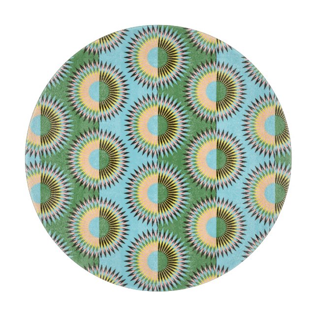 Tabla De Cortar Flores dobladas: patrón retro azul-verde. (Anverso)