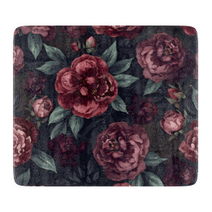 Tabla De Cortar Flores Malhumoradas Patrón Acuarela Rojo Oscuro