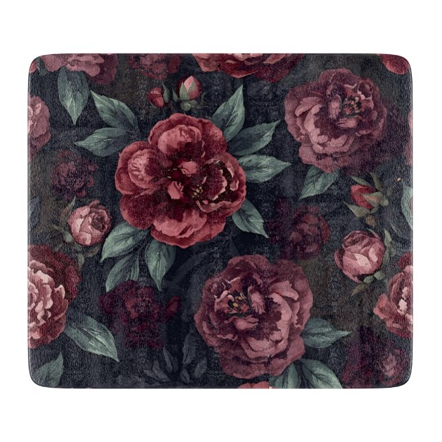 Tabla De Cortar Flores Malhumoradas Patrón Acuarela Rojo Oscuro (Anverso)