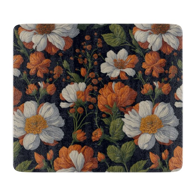 Tabla De Cortar Flores retro elegantes y blancas de Naranja (Anverso)