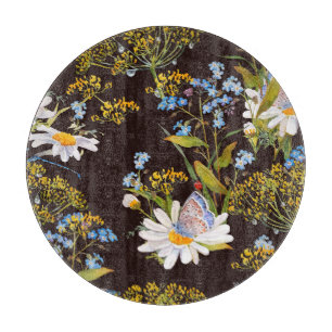 Tabla De Cortar Flores silvestres: acuarela de fondo negro