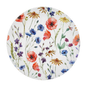 Tabla De Cortar Flores silvestres Acuarela Poppy Fondo Chamomile