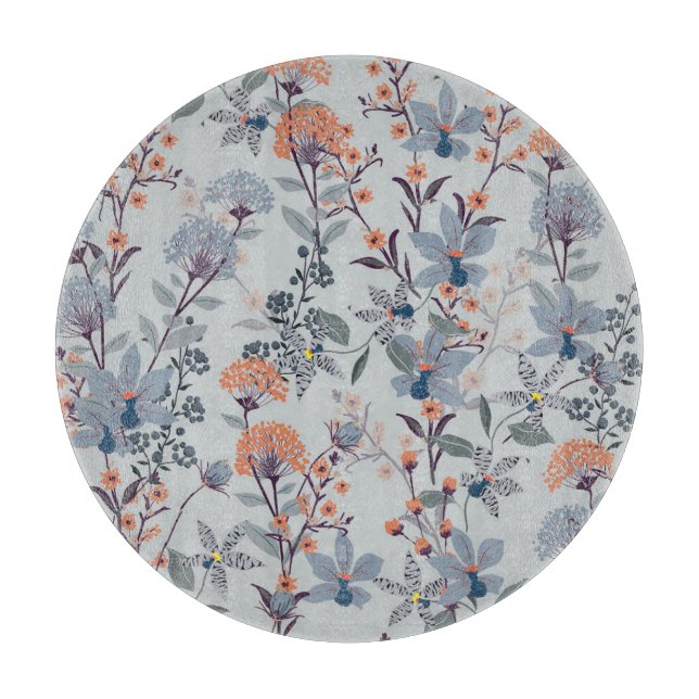 Tabla De Cortar Flores silvestres en azul, patrón botánico. (Anverso)
