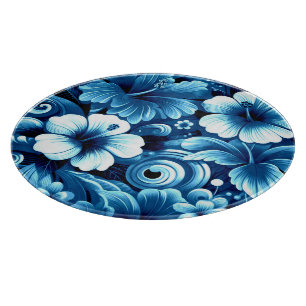Tabla De Cortar Flores tropicales hawaianas Patrón azul Hibiscus