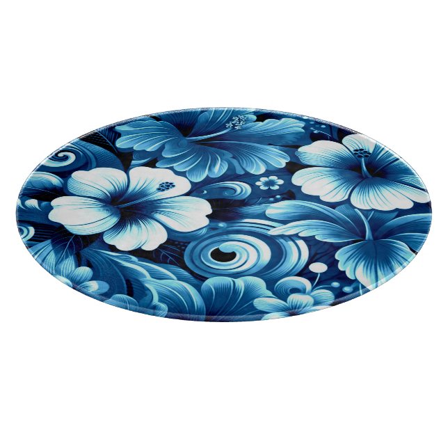 Tabla De Cortar Flores tropicales hawaianas Patrón azul Hibiscus (Borde)