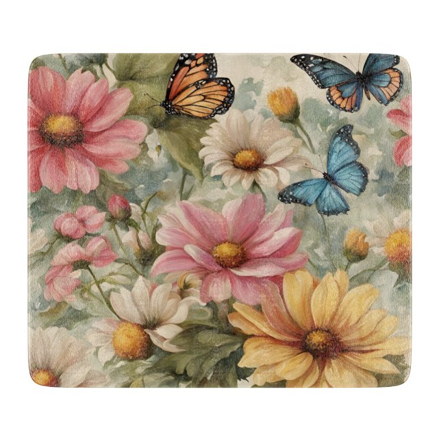 Tabla De Cortar Flores Y Mariposas Tablero De Arte (Anverso)