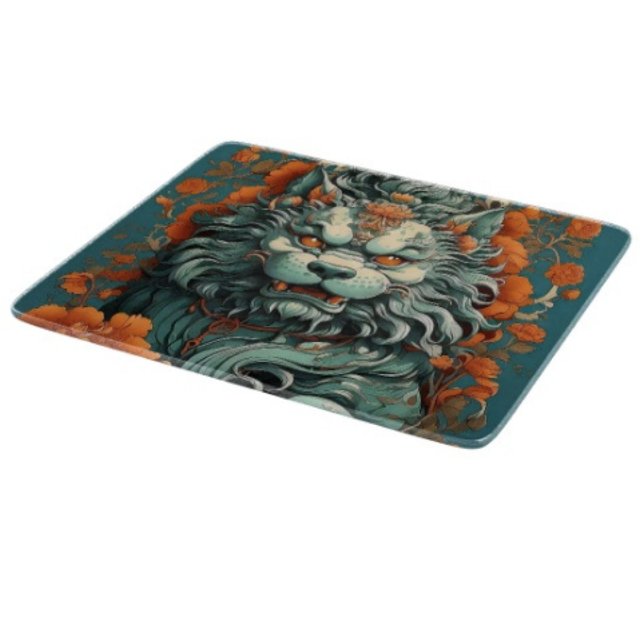 Tabla De Cortar Flu León de la Sabiduría  (Asian Lion Head glass cutting board hand-pressed tempered glass five different sizes.)