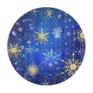 Tabla De Cortar Fondo azul de NAVIDAD con copos de nieve dorados