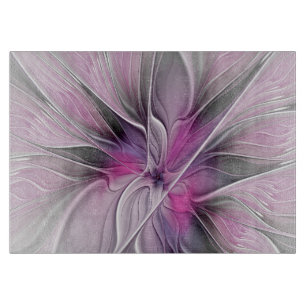 Tabla De Cortar Fractal floral moderno abstracto flor rosa gris