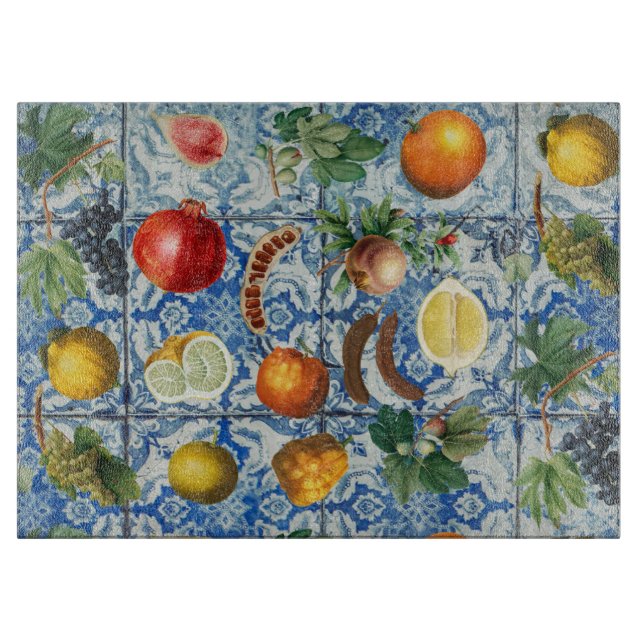 Tabla De Cortar Fruta mediterránea de verano y mosaico blanco azul (Anverso)