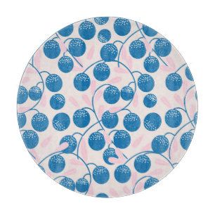 Tabla De Cortar Frutas azules, hojas rosas, diseño sin fisuras.