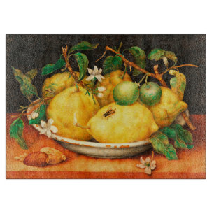 TABLA DE CORTAR FRUTAS DE LA TEMPORADA LIMONES Y FLORES BLANCAS