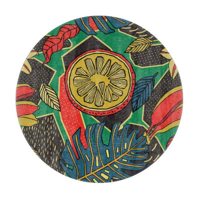 Tabla De Cortar Frutas tropicales, hojas, doodle floral patrón. (Anverso)
