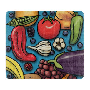 Tabla De Cortar Frutas y verduras coloridas en azul