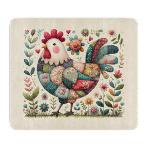 Tabla De Cortar Gallo de Folk Patchwork con acentos florales corta