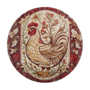 Tabla De Cortar Gallo Vintage Floral Rojo y Crema