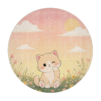 Tabla De Cortar Gatito Adorable Guiñando en Pradera de Flores Silv