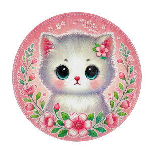 Tabla De Cortar Gatito blanco adorable rodeado de flores rosas