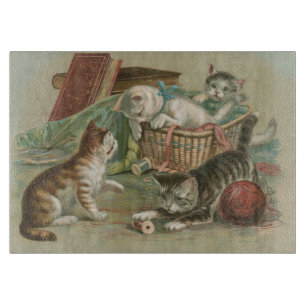 Tabla De Cortar Gatitos Victorianos Antiguos Jugando en una Cesta