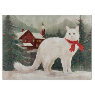 Tabla De Cortar Gato Angora Turco en Navidad con Nieve