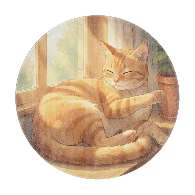 Tabla De Cortar Gato Atigrado Gengibre Acogedor Tomando el Sol  (Anverso)