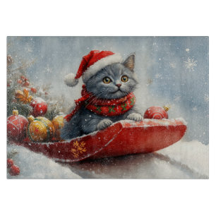 Tabla De Cortar Gato Azul Ruso en Trineo Deja que Nieve Navidad