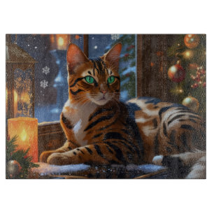 Tabla De Cortar Gato Bengal con Luces de Navidad Fiesta