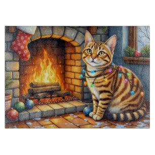 Tabla De Cortar Gato Bengal Hogar con Luces de Navidad