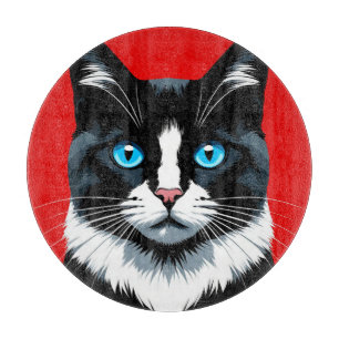 Tabla De Cortar Gato blanco y negro con ojos azules vibrantes