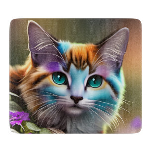 Tabla De Cortar gato calico azul y óxido y flores