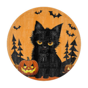 Tabla De Cortar Gato de dibujos animados y calabazas bajo luna lle